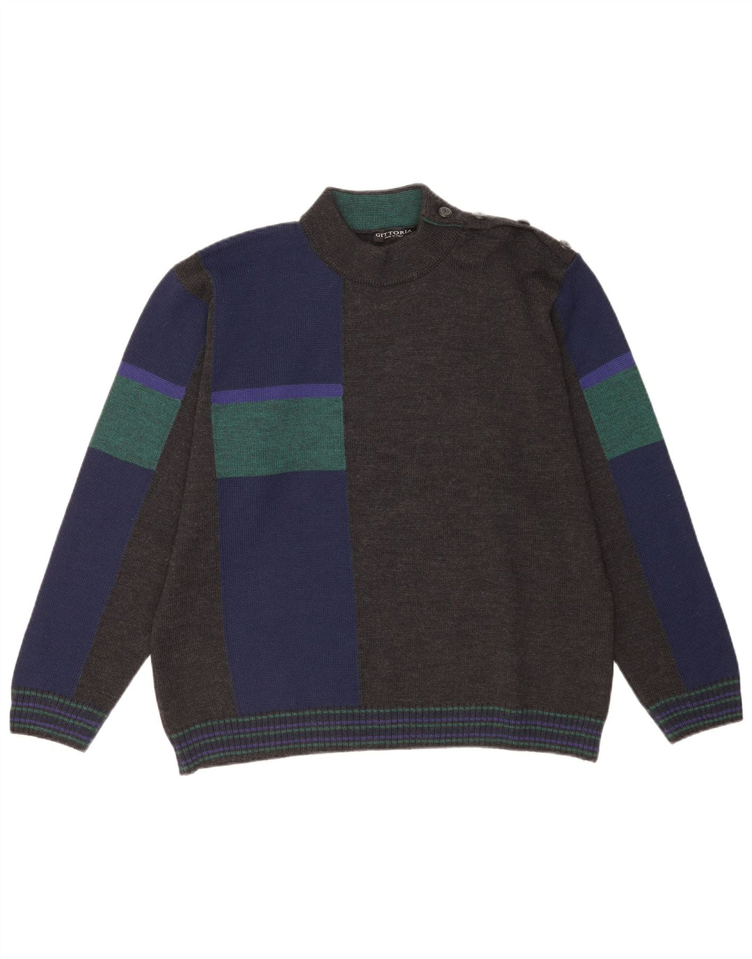 Vintage Herre Turtle Neck Jumper Sweater IT 52 Stor Grå Colourblock Uld