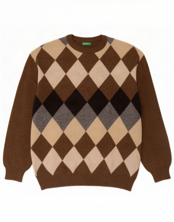 Benetton Herre Crew Neck Jumper Sweater XL Brun Argyle/Diamond Wool