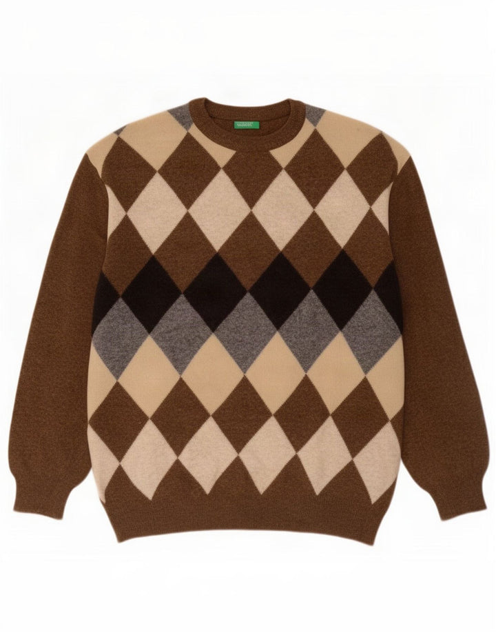 Benetton Herre Crew Neck Jumper Sweater XL Brun Argyle/Diamond Wool