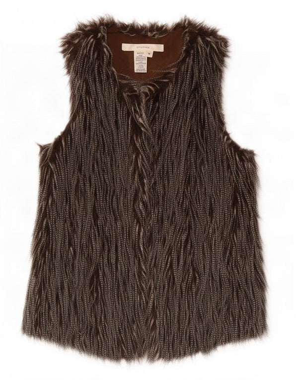 Vintage Dame imiteret Pels Gilet UK 14 Medium Brun Akryl