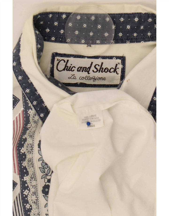 Vintage Dame Oversized skjortebluse UK 14 Medium White Geometrisk Bomuld