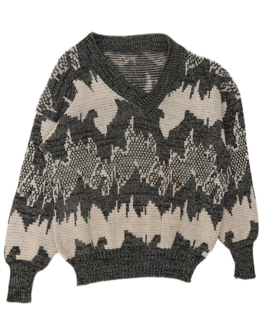 Vintage herre abstrakt mønster V-hals sweater mellemgrå geometrisk