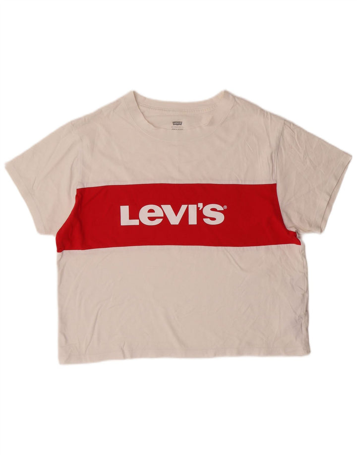 Levi's Dame Crop Grafisk T-Shirt Top UK 14 Medium White Colourblock