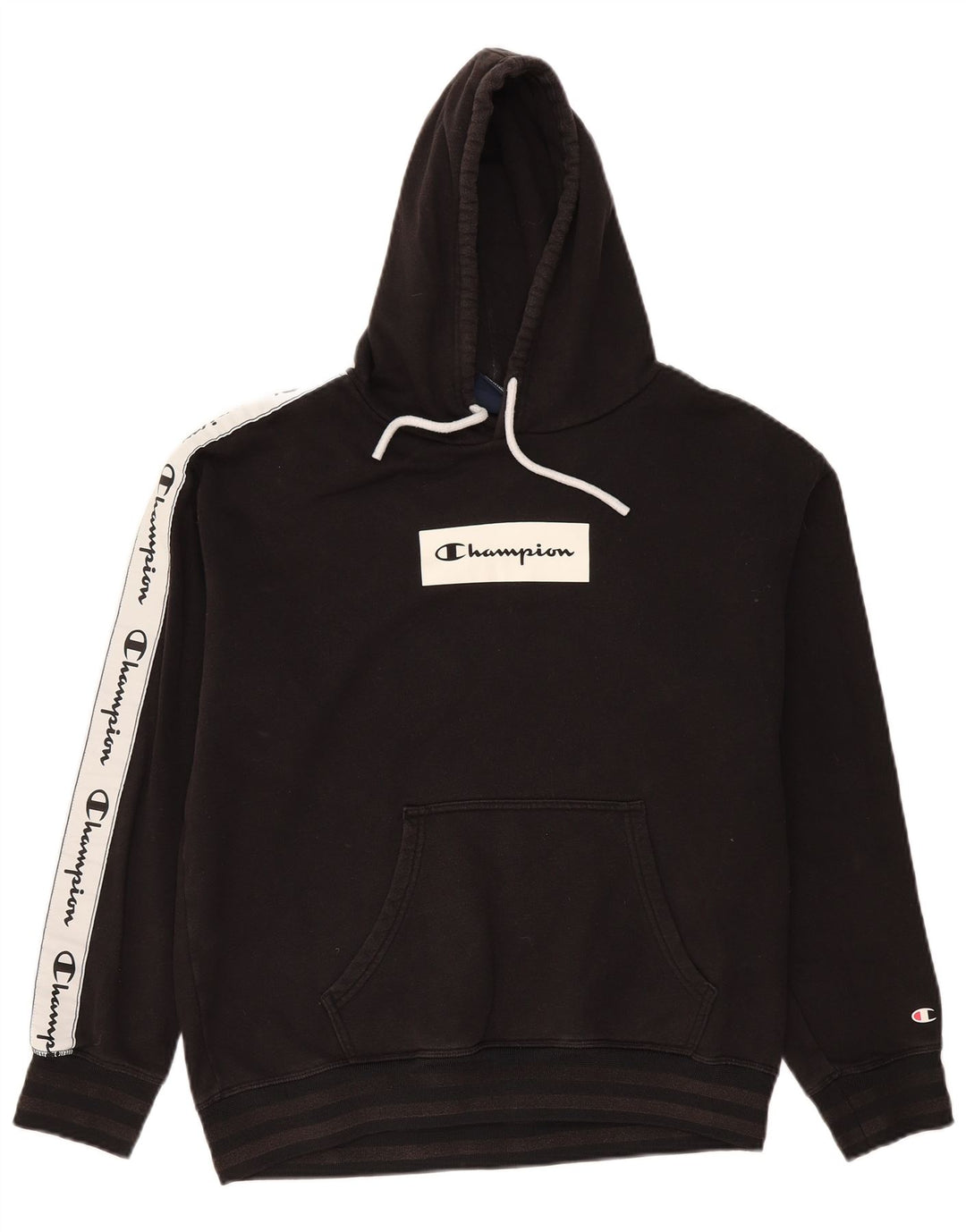CHAMPION Mens Graphic Hoodie Jumper Medium Black Colourblock Cotton