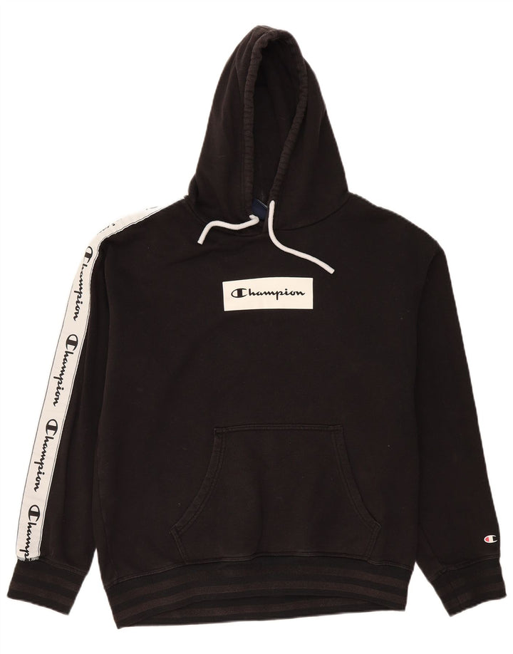 CHAMPION Mens Graphic Hoodie Jumper Medium Black Colourblock Cotton