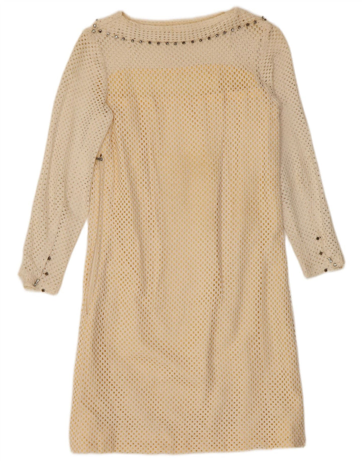 VINTAGE Womens Crochet Shift Dress UK 10 Small Off White