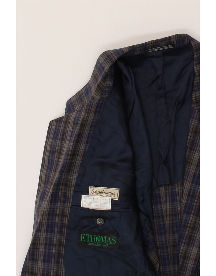 ETHOMAS Mens 2 Button Blazer Jacket IT 52 XL Navy Blue Check Cotton Vintage Ethomas and Second-Hand Ethomas from Messina Hembry 