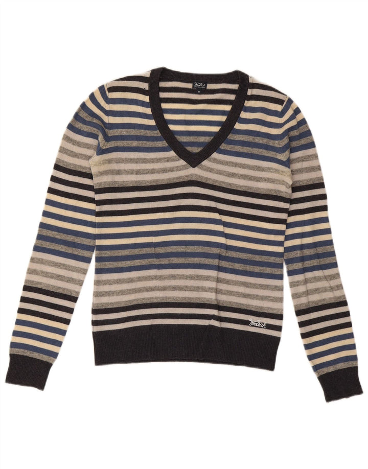 WOOLRICH Womens V-Neck Jumper Sweater UK 10 Small Grey Striped Wool