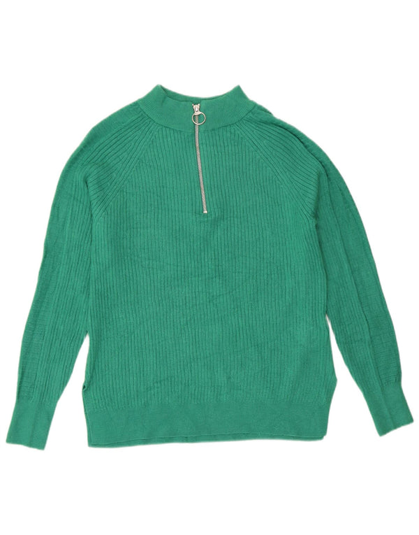 Zara Dame Zip Neck Jumper Sweater UK 10 Small Green Viscose