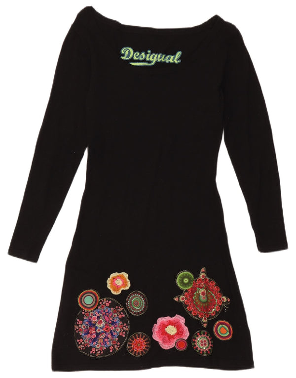 Desigual Kvinders Grafisk Langærmet A-Line Kjole UK 4 XS Sort Blomster