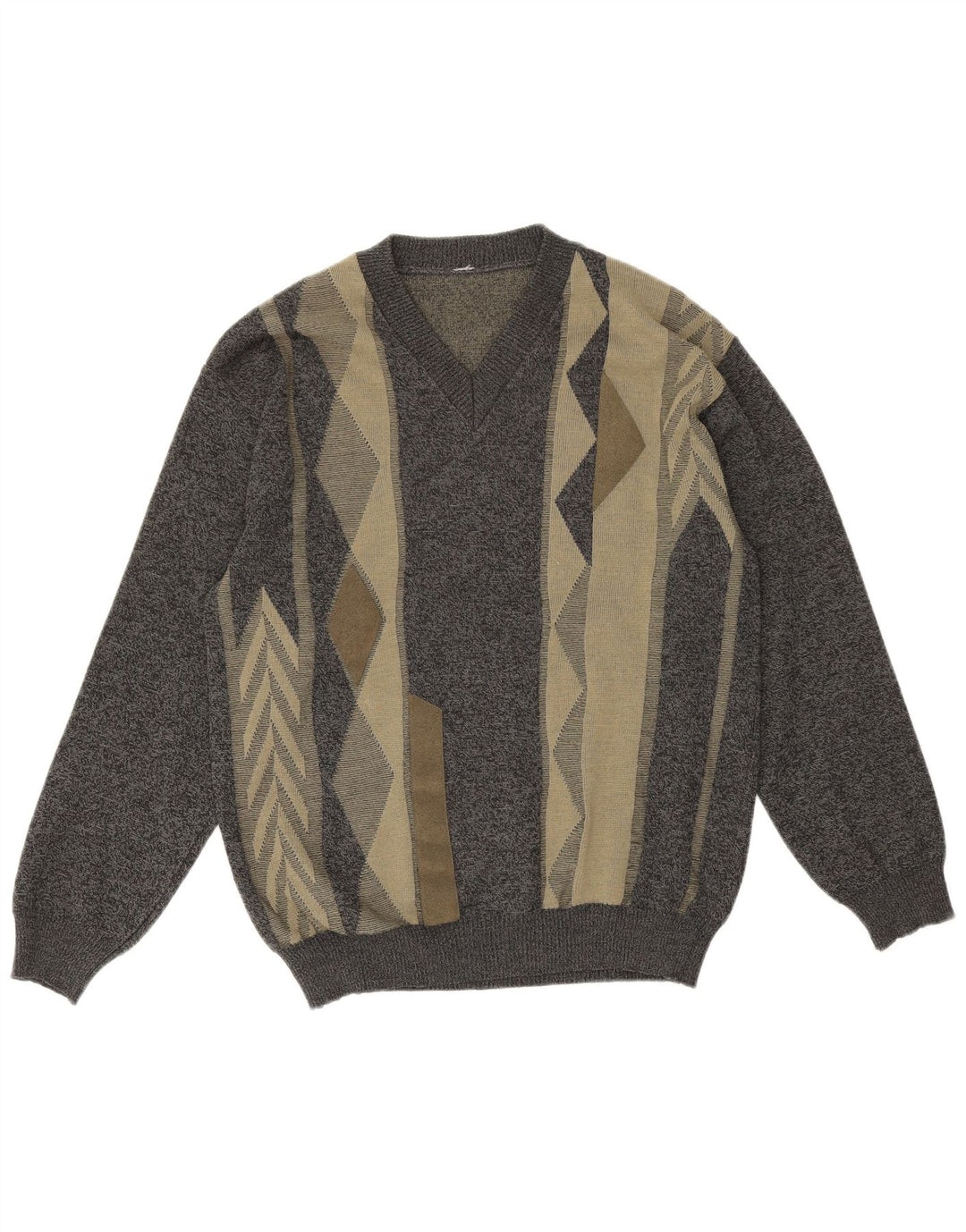 Vintage herre V-hals sweater mellemgrå geometrisk merinould