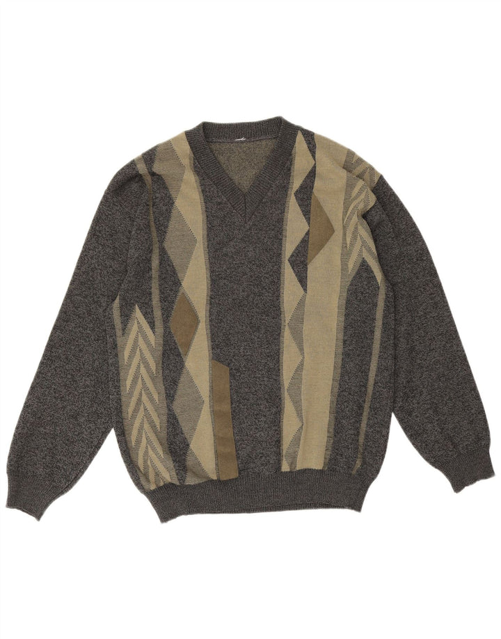 Vintage herre V-hals sweater mellemgrå geometrisk merinould