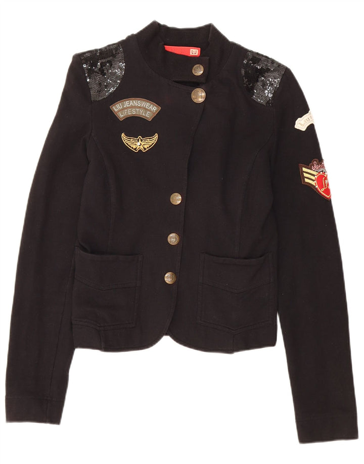 LIU JO Dame Crop Graphic 4-knaps blazerjakke UK 6 XS sort bomuld