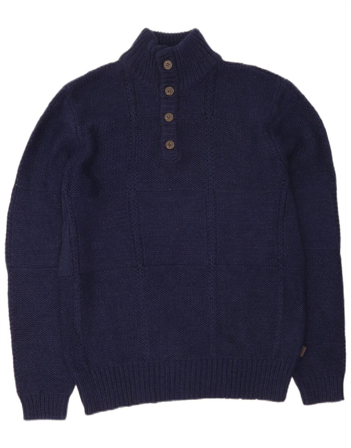 HUGO BOSS Herre Regular Fit Button Neck trøje Sweater Large Navy Blue