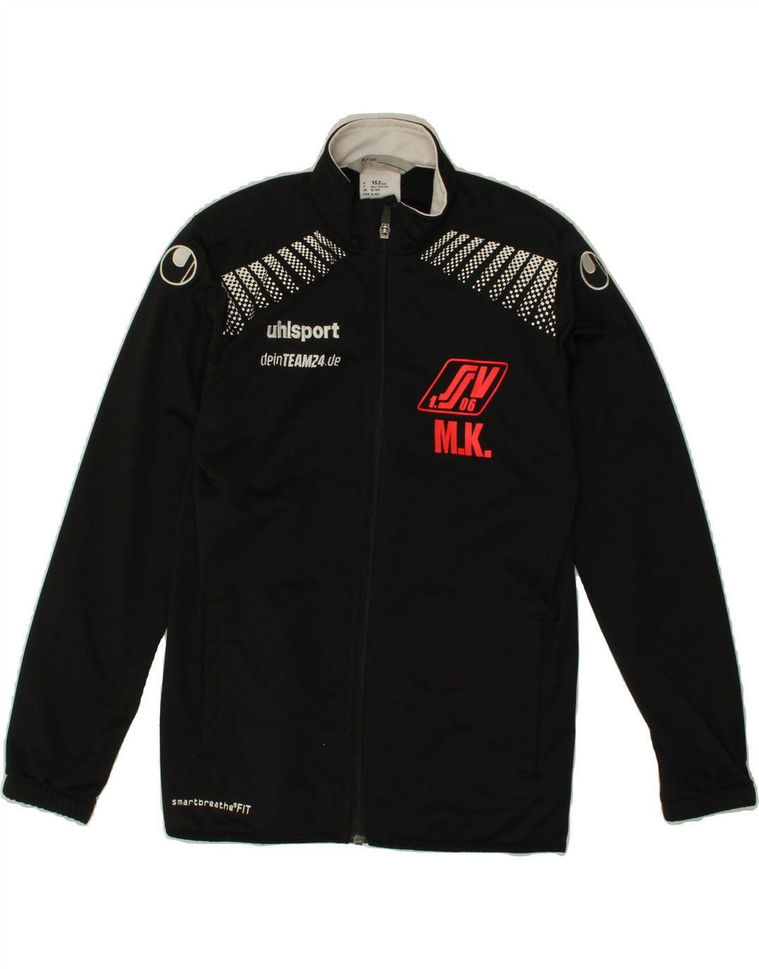 UHLSPORT Boys Graphic Tracksuit Top Jacket 12-13 Years Black Polyester Vintage Uhlsport and Second-Hand Uhlsport from Messina Hembry 