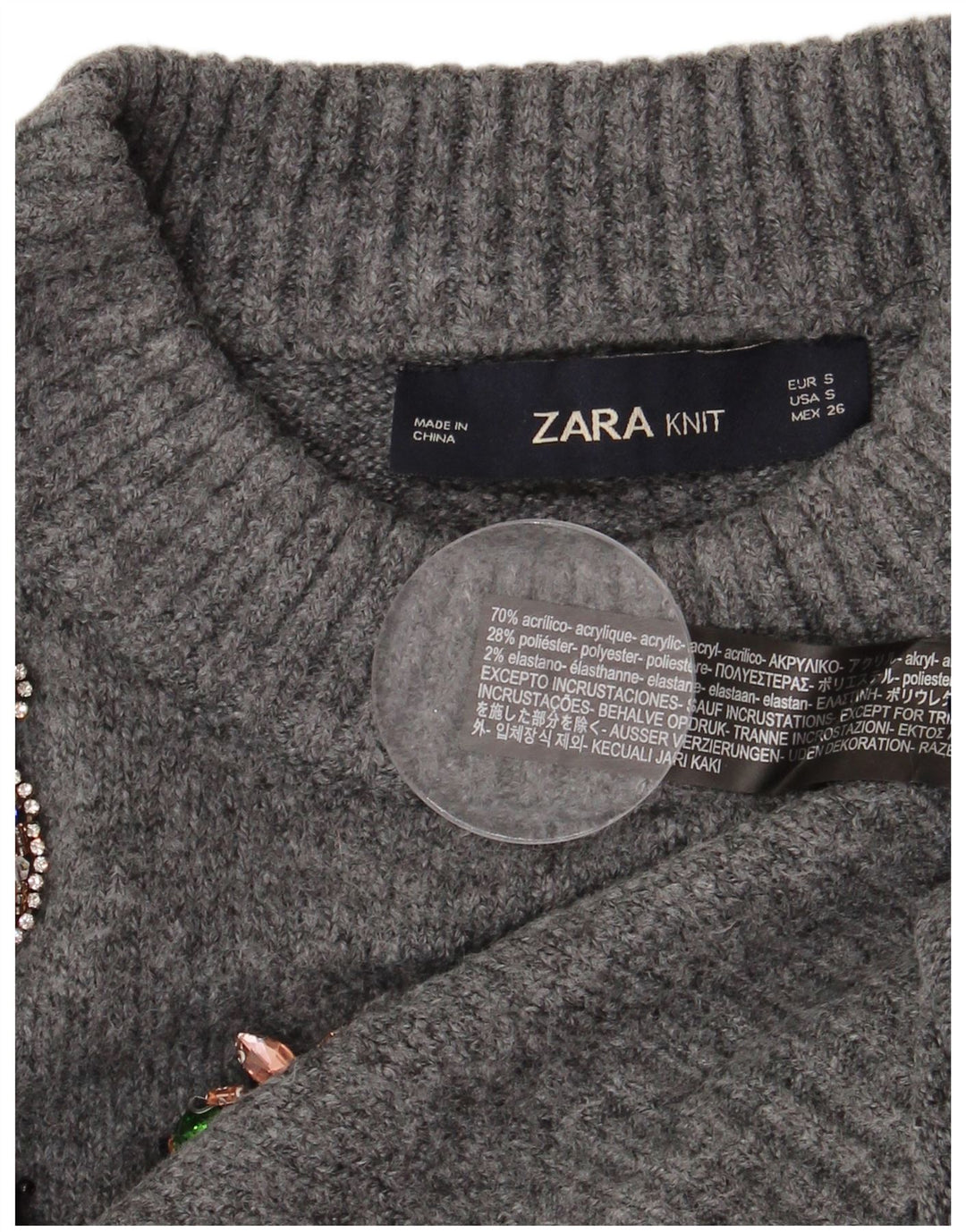 Zara Dame Oversized grafisk Crew Neck Jumper Sweater UK 10 Small Grey