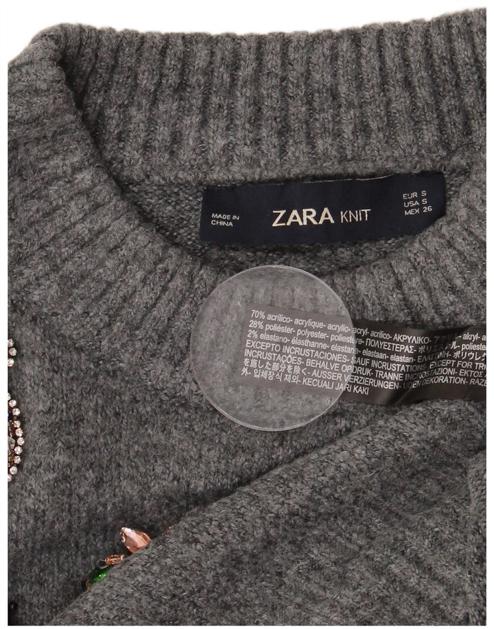 Zara Dame Oversized grafisk Crew Neck Jumper Sweater UK 10 Small Grey