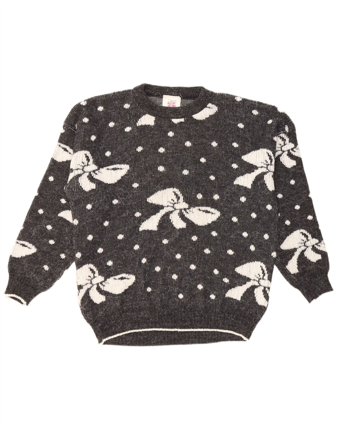 VINTAGE Dame sweater med rund hals DK 16 Stor grå plettet akryl