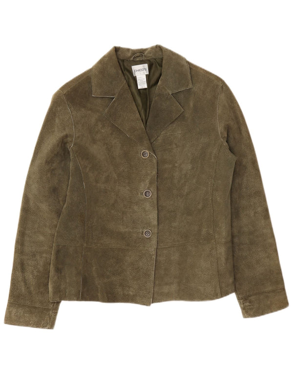 Chico's dameoversize blazerjakke med 3 knapper i ruskind US 0 XS Khaki læder