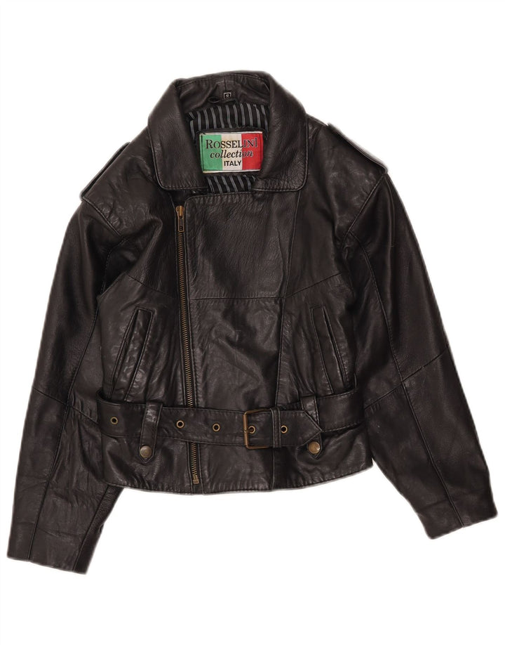 Vintage Dame Crop Læder Biker Jacket UK 8 Lille sort læder