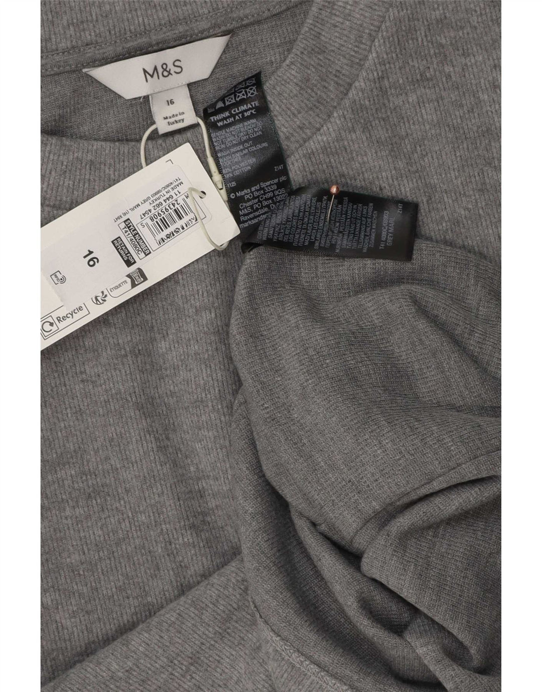 Marks & Spencer Dame T-Shirt Top UK 16 Stor Grå Polyester