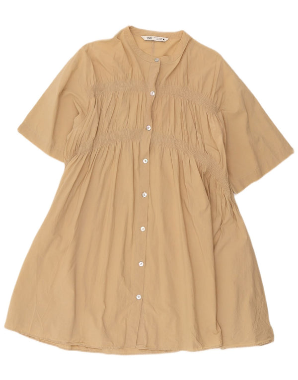 Zara Kvinders Kortærmede Oversized Skjortekjole UK 16 Large Beige