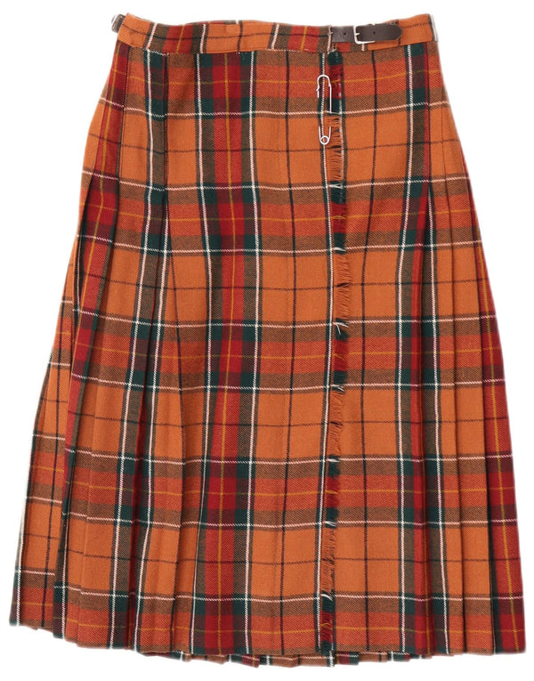 Vintage Womens Pleated Wrap Skirt UK 18 XL W28 Orange Plaid Virgin Wool