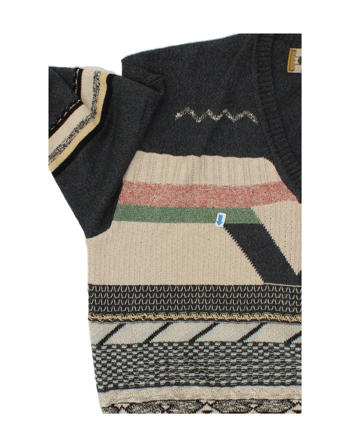 SOUTH COAST Mens V-Neck Jumper Sweater IT 48 Medium Grey Fair Isle Cotton Vintage South Coast and Second-Hand South Coast from Messina Hembry 