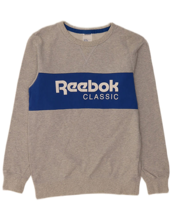 REEBOK Mens Graphic Sweatshirt Jumper Small Grey Colourblock Cotton