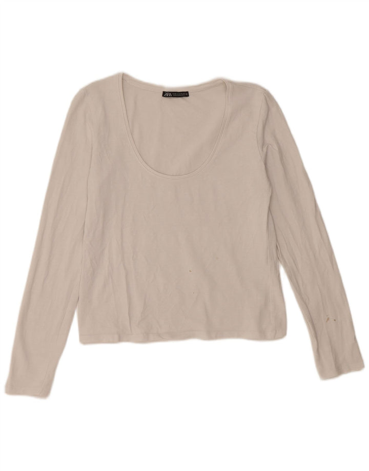 Zara Womens Crop Top Long Sleeve UK 12 Medium White Cotton