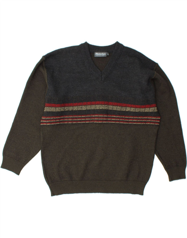 MONTE CARLO Womens V-Neck Jumper Sweater IT 52 2XL Grey Colourblock Wool Vintage Monte Carlo and Second-Hand Monte Carlo from Messina Hembry 