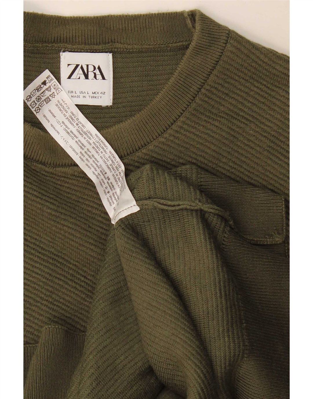 Zara Herre Crew Neck Jumper Sweater Stor Khaki Bomuld