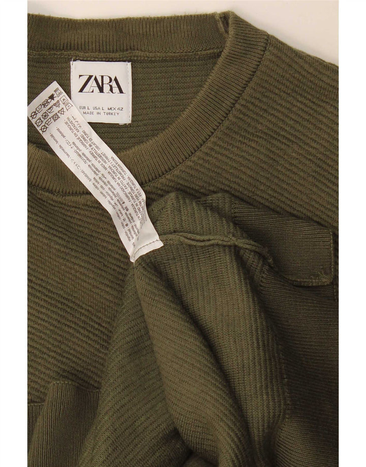 Zara Herre Crew Neck Jumper Sweater Stor Khaki Bomuld