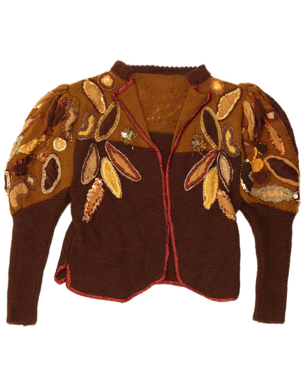 Vintage Dame Crop 3/4 ærmet cardigan sweater UK 14 Medium Brown Floral