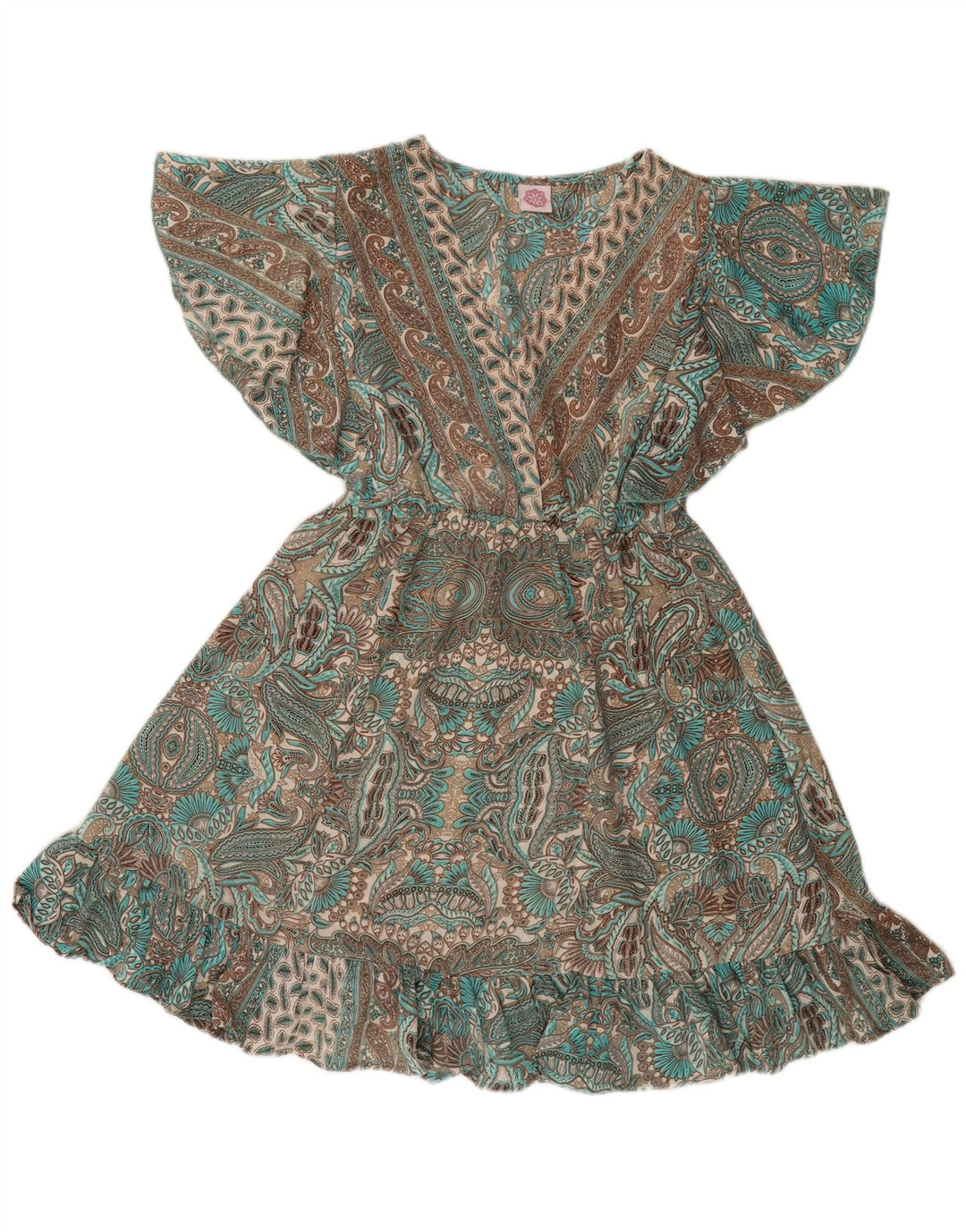 Vintage Empire Dress UK 12 Medium Green Paisley Polyester