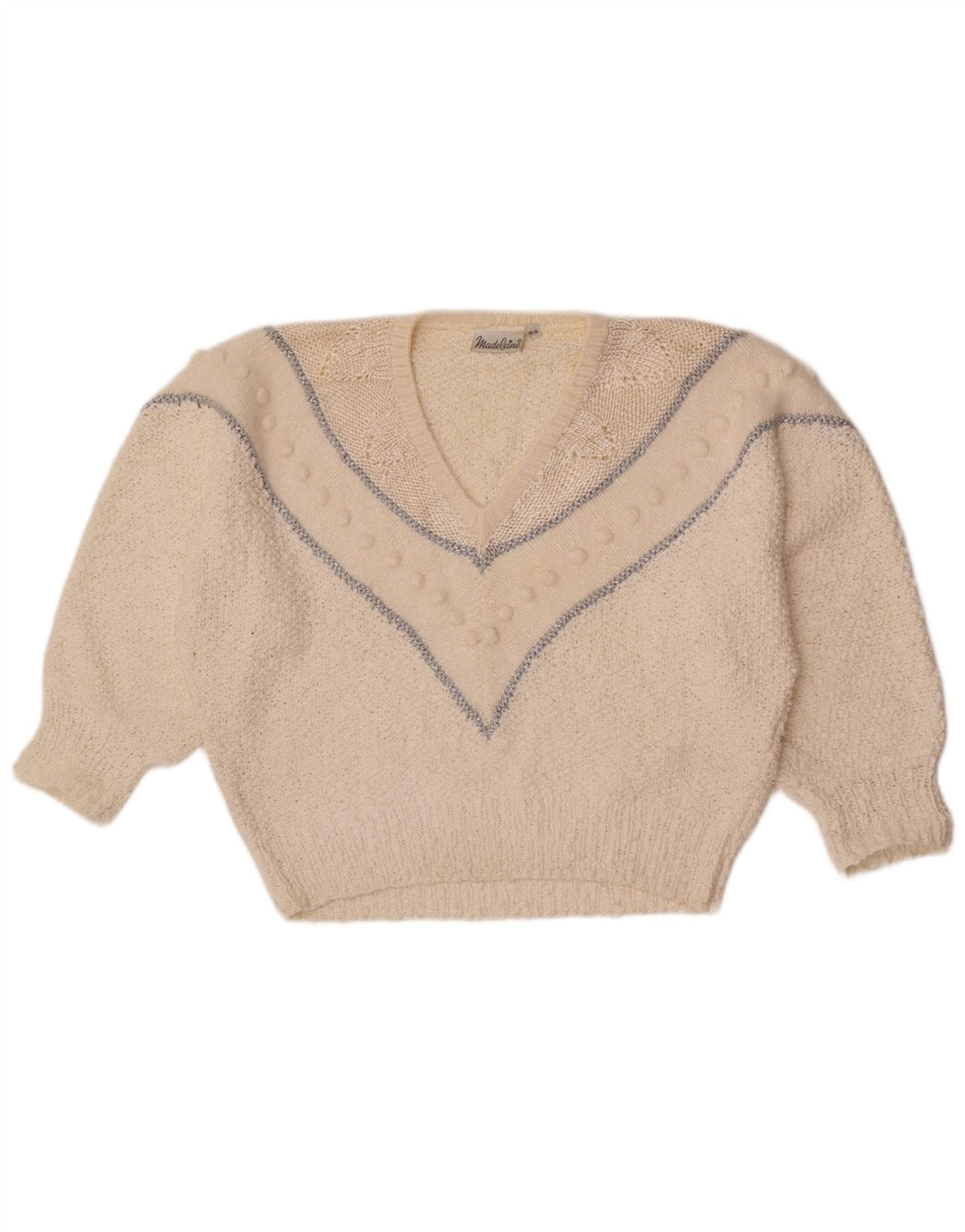 Madeleine Dame V-hals sweater EU 36/38 Lille hvid stribet