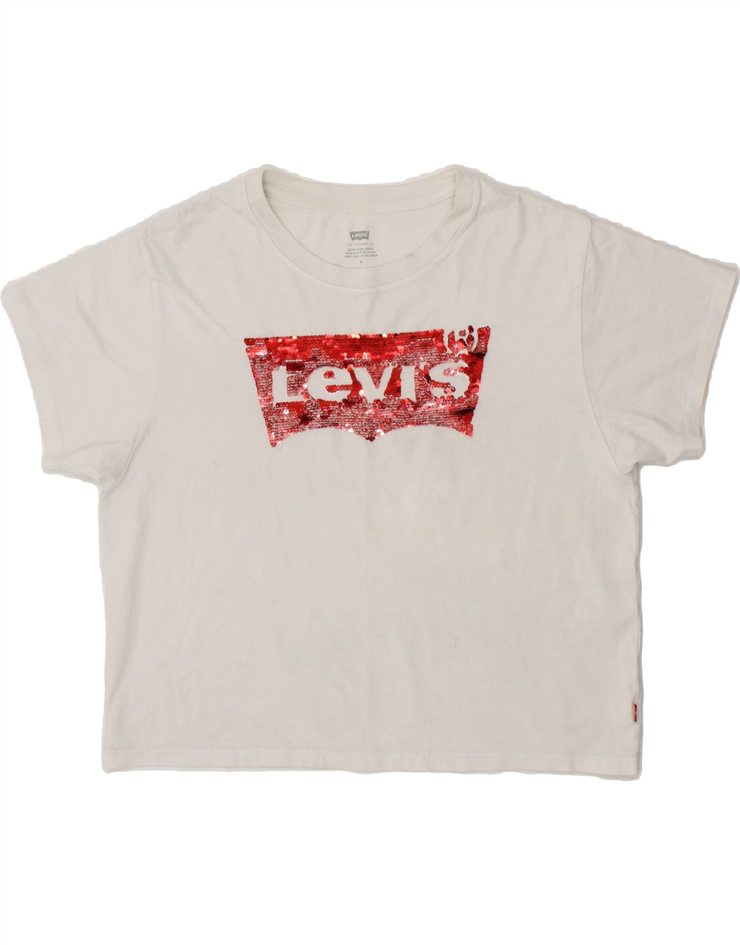 LEVI'S Womens Crop Graphic T-Shirt Top UK 14 Medium White Vintage Levi's and Second-Hand Levi's from Messina Hembry 