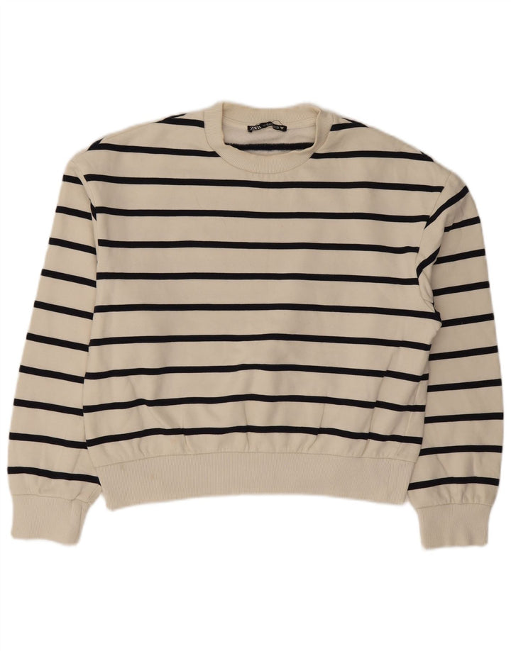 Zara Womens Crop Sweatshirt Jumper UK 14 Mellem hvid stribet bomuld