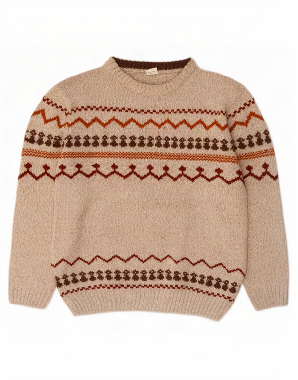 Vintage Mens Boat Neck Jumper Sweater XL Beige Fair Isle Polyester