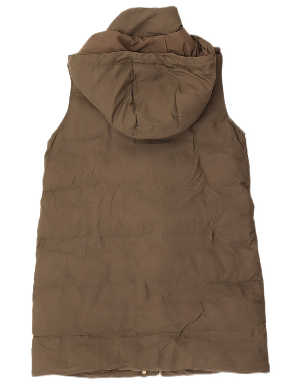 Zara Womens Longline Hooded Padded Gilet UK 14 Medium Khaki Polyester