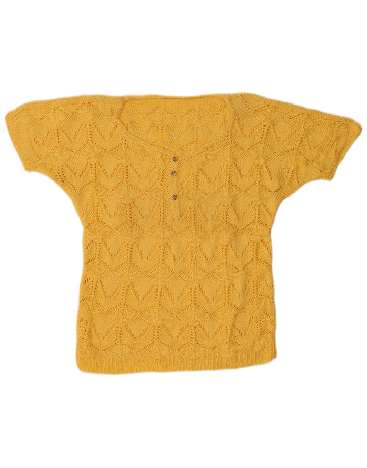 Vintage Dame Kortærmet Button Neck Jumper Sweater UK 14 Medium Gul