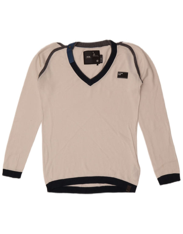 G-Star Dame V-hals sweater UK 12 Medium White Colourblock Bomuld