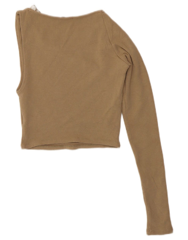 Zara Womens One Shoulder Crop Top Langærmet UK 8 Small Beige Bomuld