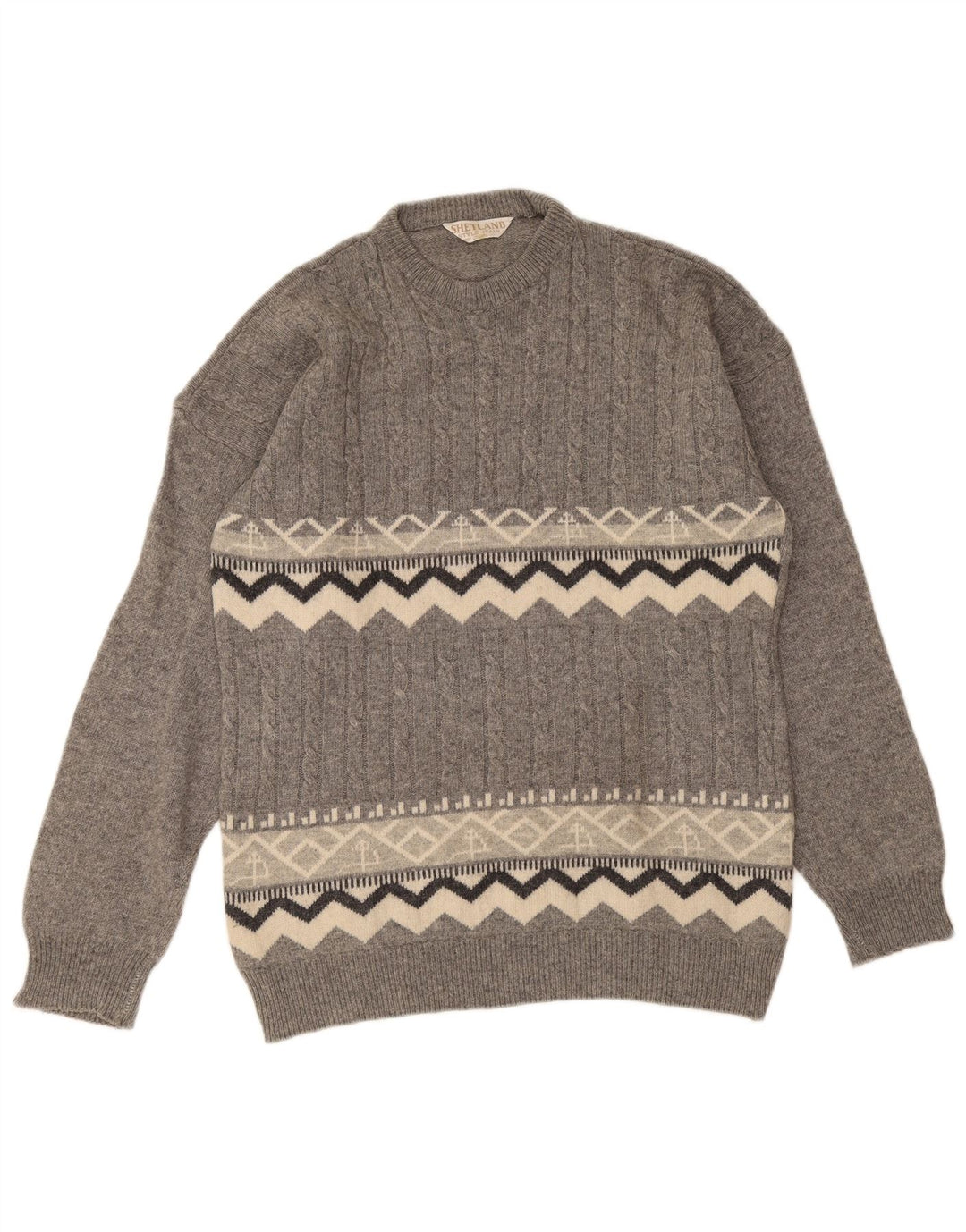 Vintage herre sweater med rund hals, mellemgrå geometrisk uld