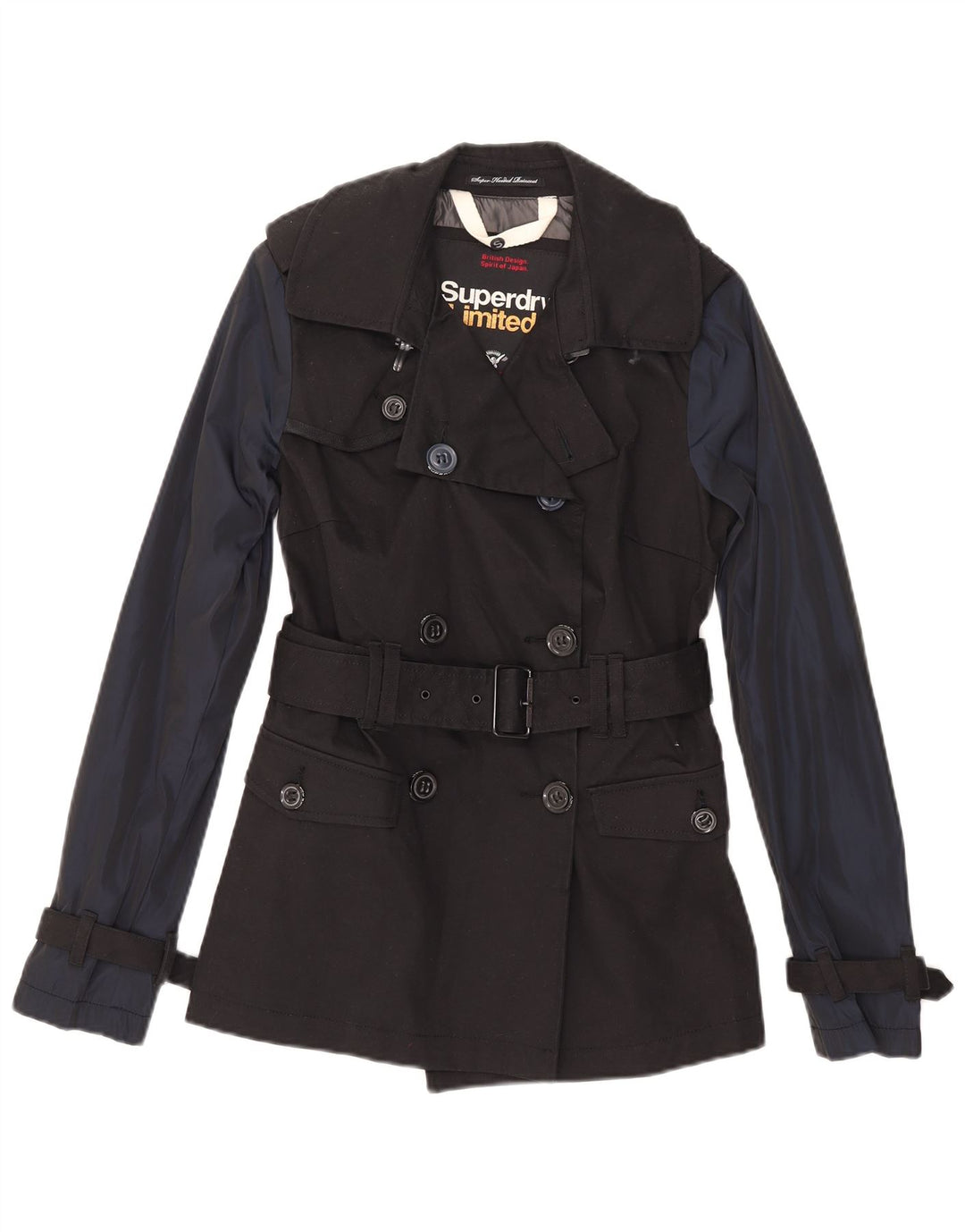 Superdry Trench Coat til kvinder UK 10 Small Black Colourblock Bomuld