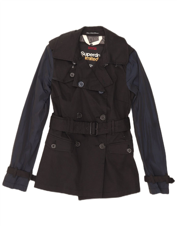 Superdry Trench Coat til kvinder UK 10 Small Black Colourblock Bomuld