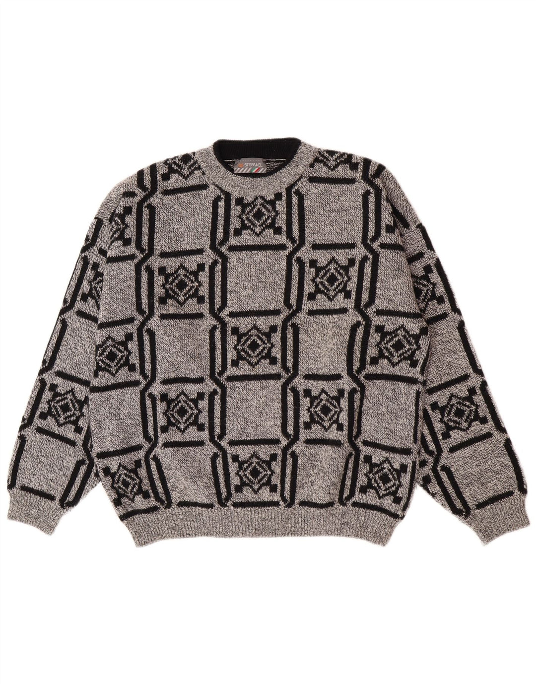 Stefanel Herre rund hals sweater stor grå geometrisk uld