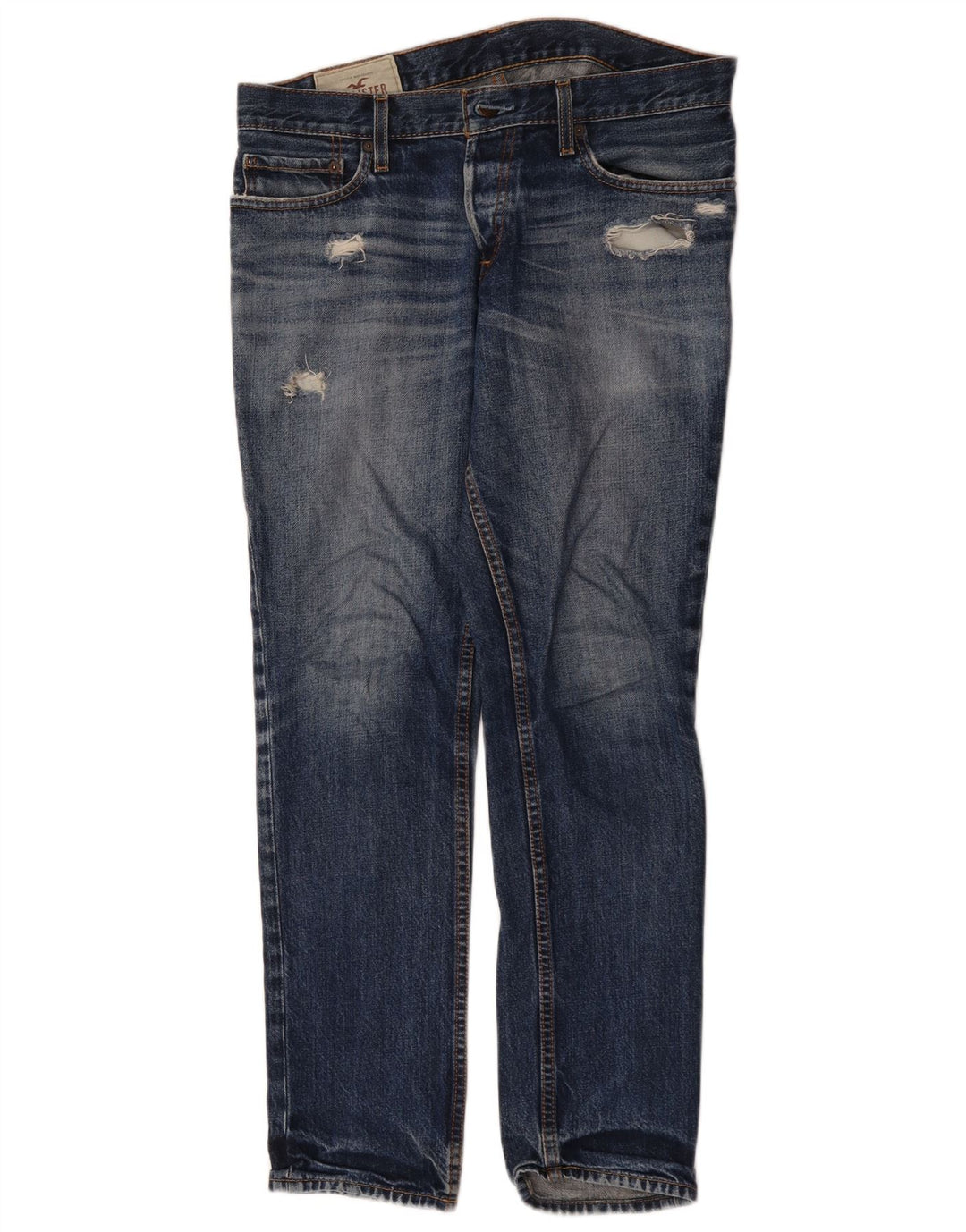 Hollister Herre Distressed Straight Jeans W32 L30 Blå Bomuld