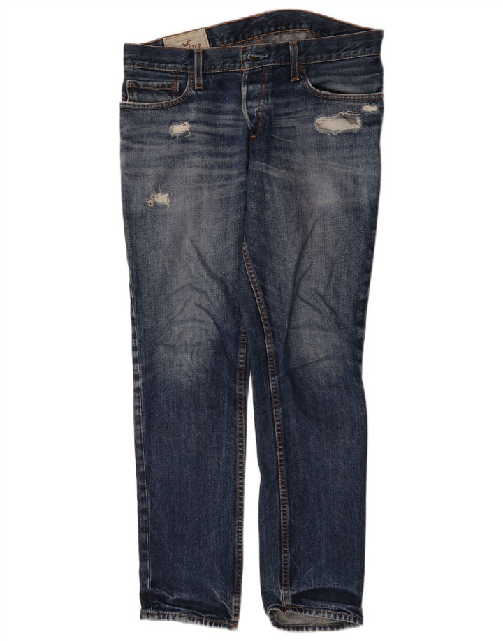 Hollister Herre Distressed Straight Jeans W32 L30 Blå Bomuld