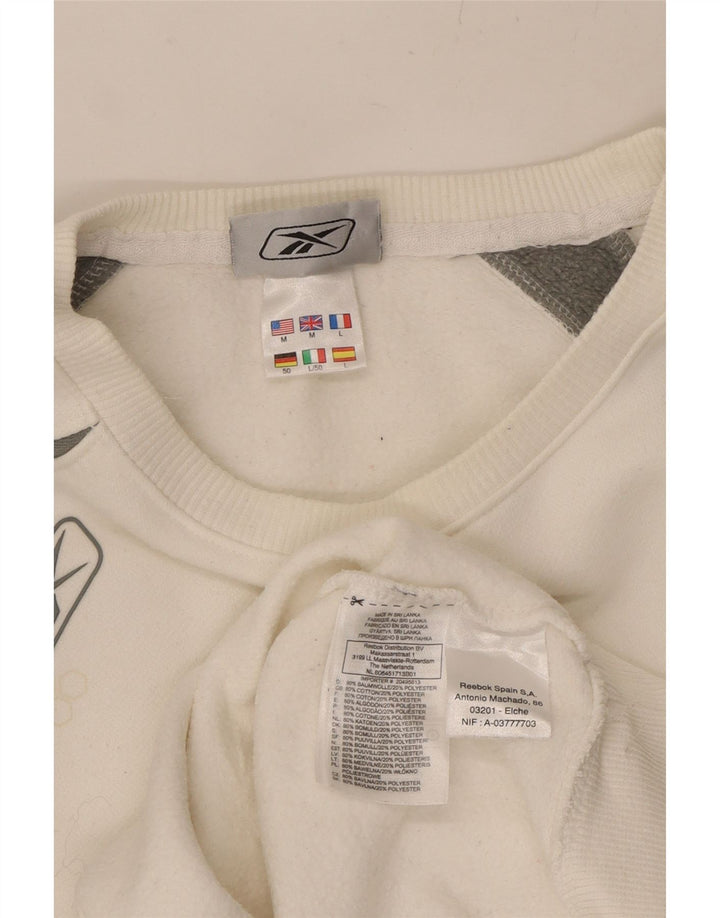 REEBOK Mens Graphic Sweatshirt Jumper Medium White Colourblock Cotton Vintage Reebok and Second-Hand Reebok from Messina Hembry 